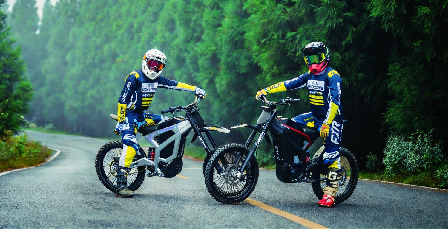 Two professional riders in full gear with EKXbike electric dirt bikes on a mountain road—Join the EKXbike Influencer & Affiliate Program.
