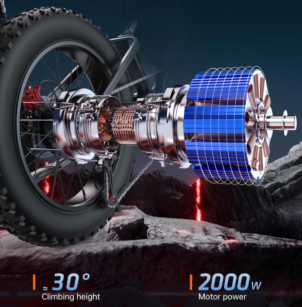 EKX X20 electric fat tire bike with 2000W powerful motor and 30 degree climbing capability.