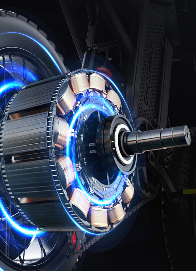 Internal view of EKX X21 2000W high-speed ebike motor with 31mph top speed, showcasing frequency conversion technology for stable power and energy-saving performance on all terrains.