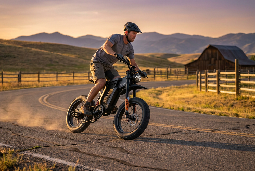 A man riding the EKX X21 high-performance adult eBike with 2000W motor and 35Ah battery on an open scenic road, featuring all-terrain fat tires and full suspension for off-road and urban commuting.
