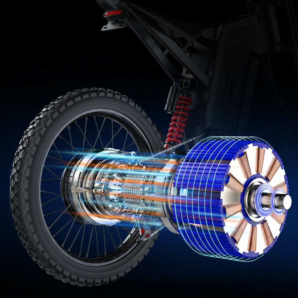 Internal view of EKX X21 Max high-speed brushless motor showing copper coils and magnets, highlighting 3000W rated power and 6000W peak output for off-road performance.