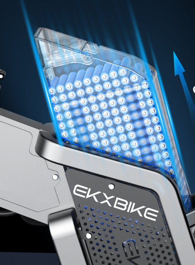 Internal view of EKX X21 automotive-grade 48V 35Ah lithium-ion battery cells, showcasing high-capacity energy storage for 60-75 miles long-range ebike travel.